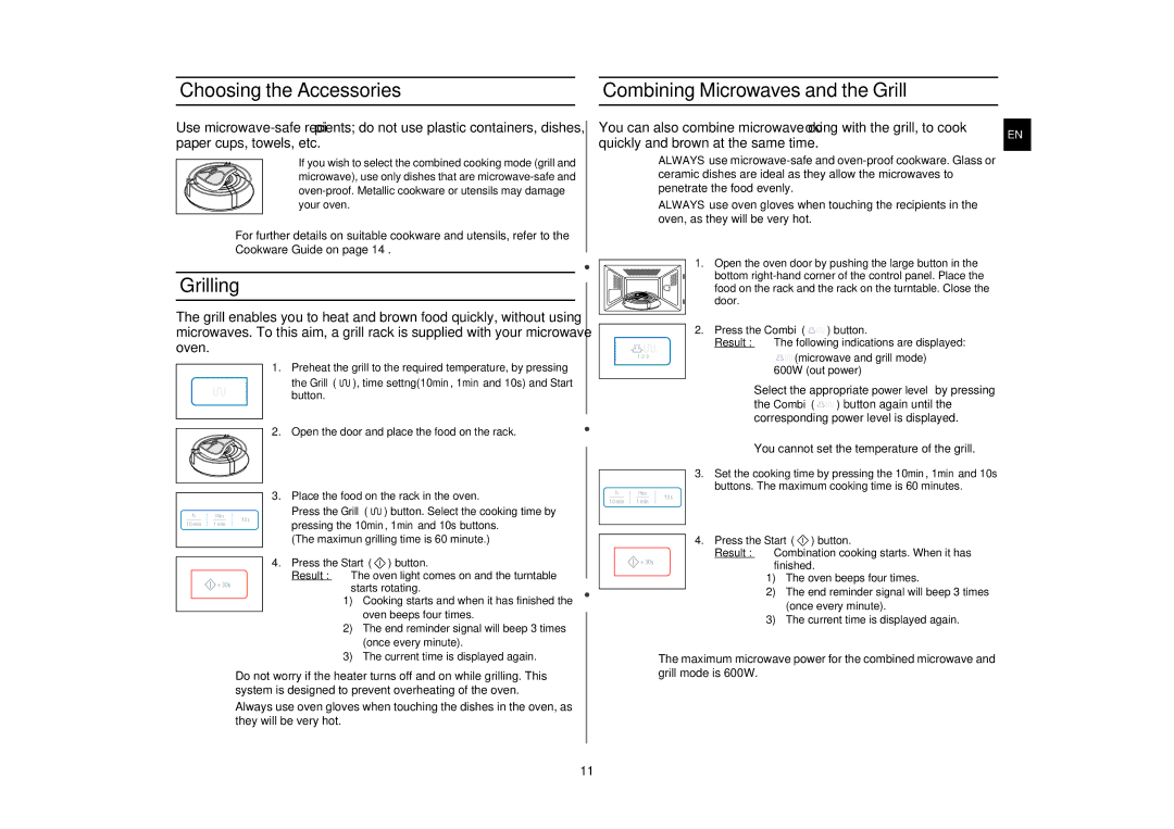 Samsung G273E/BAL manual Choosing the Accessories Combining Microwaves and the Grill, Grilling 