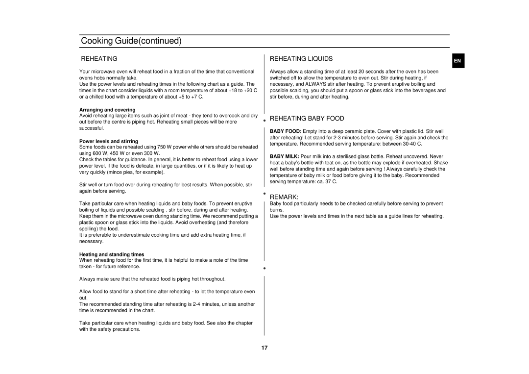 Samsung G273E/BAL manual Reheating Baby Food, Remark 