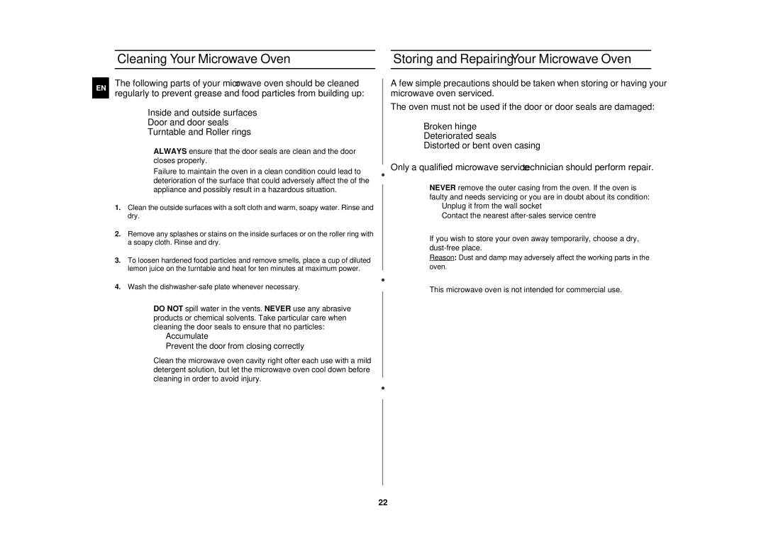 Samsung G273E/BAL manual Cleaning Your Microwave Oven, Storing and Repairing Your Microwave Oven 