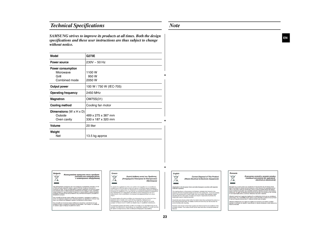 Samsung G273E/BAL manual Technical Specifications 