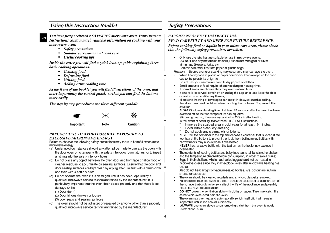 Samsung G273E/BAL manual Using this Instruction Booklet, Safety Precautions, Important NoteCaution 