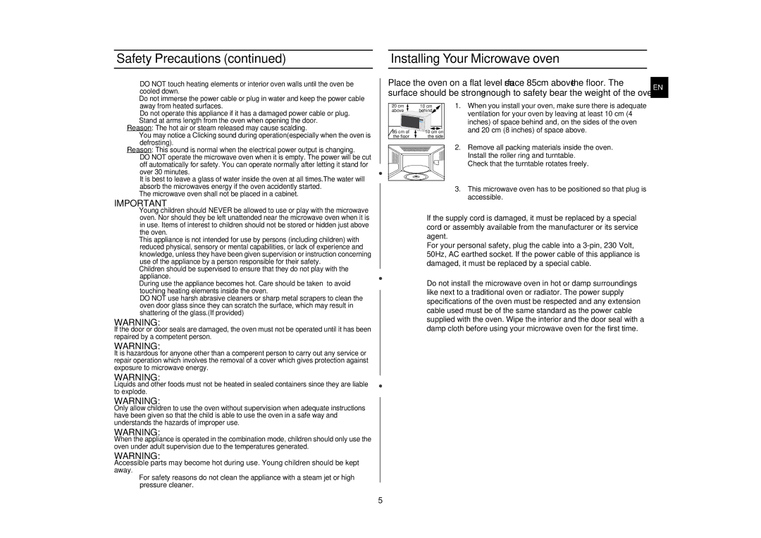 Samsung G273E/BAL manual Installing Your Microwave oven 