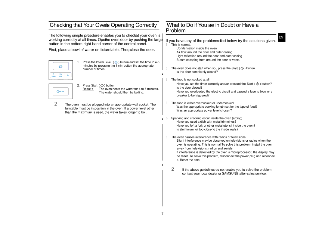 Samsung G273E/BAL manual Checking that Your Oven is Operating Correctly, What to Do if You are in Doubt or Have a Problem 