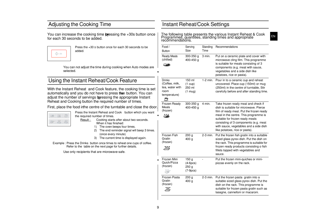 Samsung G273E/BAL manual Adjusting the Cooking Time Instant Reheat/Cook Settings, Using the Instant Reheat/Cook Feature 