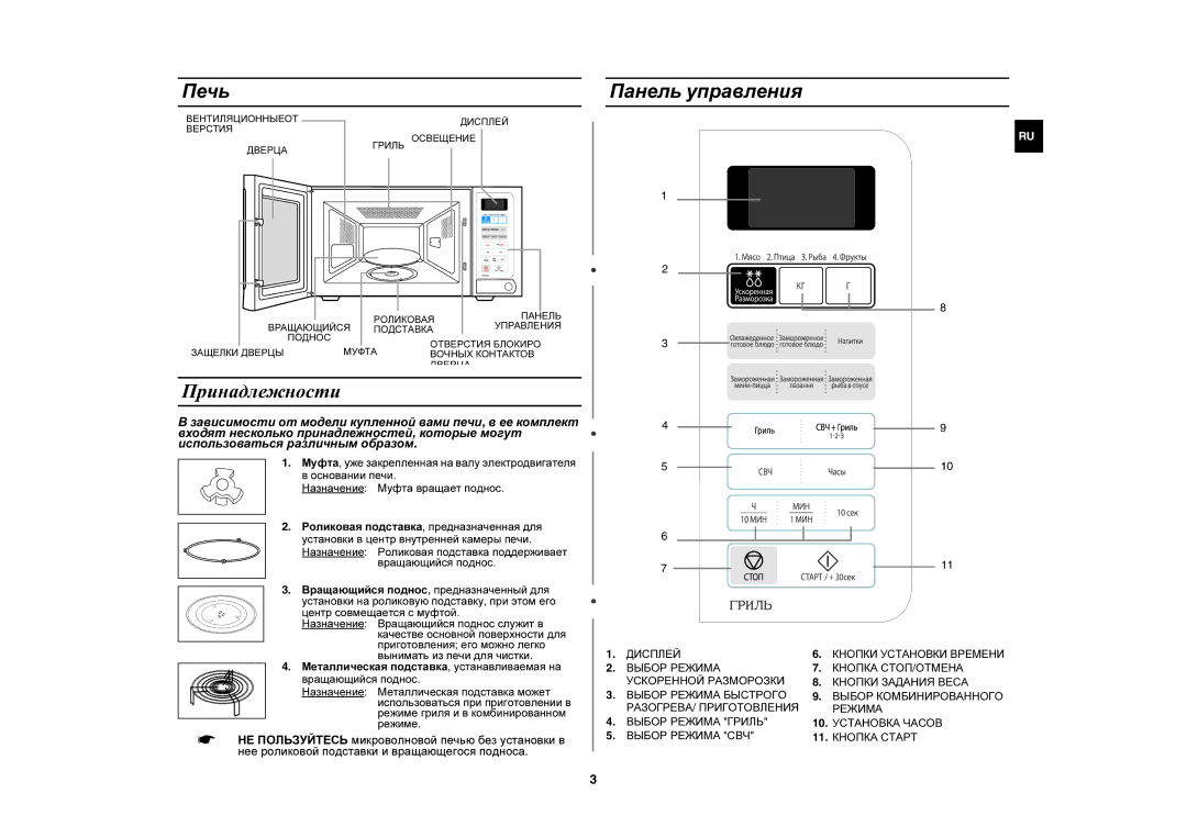 Samsung G273ER/BWT manual Печь Панель управления, Принадлежности, Центр совмещается с муфтой 