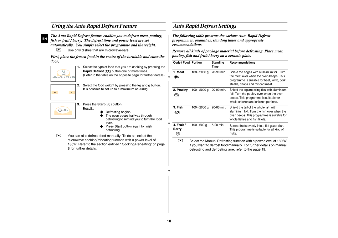 Samsung G273V-S/SLI manual Using the Auto Rapid Defrost Feature, Auto Rapid Defrost Settings 