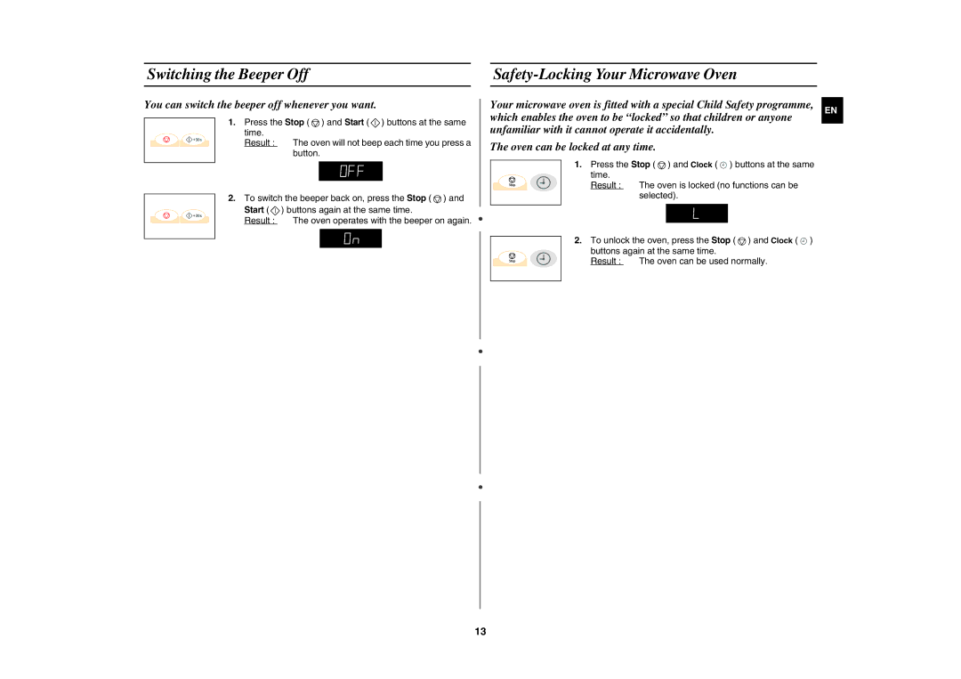 Samsung G273V-S/SLI manual Switching the Beeper Off Safety-Locking Your Microwave Oven 