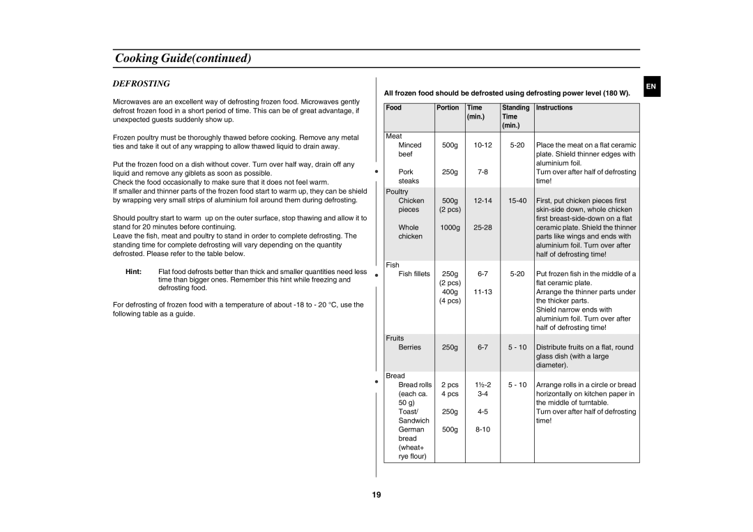 Samsung G273V-S/SLI manual Defrosting 