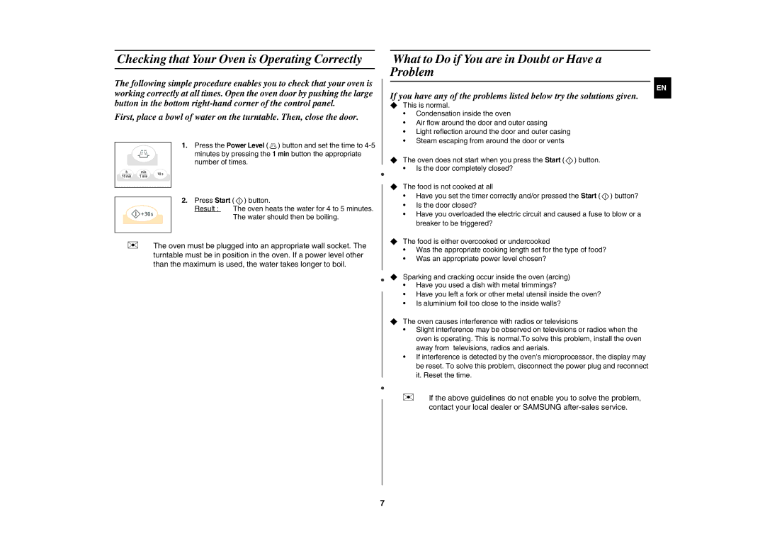 Samsung G273V-S/SLI manual Checking that Your Oven is Operating Correctly, What to Do if You are in Doubt or Have a Problem 