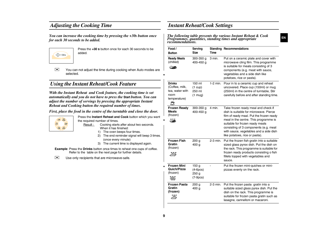 Samsung G273V-S/SLI manual Adjusting the Cooking Time Instant Reheat/Cook Settings, Using the Instant Reheat/Cook Feature 