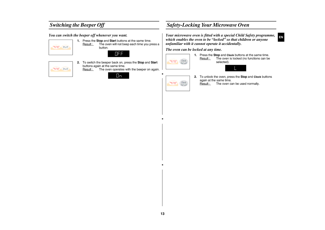Samsung G273V/ZAM, G273V/FAL, G273V/XSG manual Switching the Beeper Off Safety-Locking Your Microwave Oven 