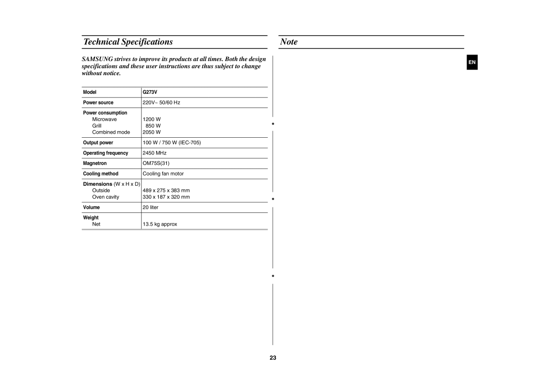 Samsung G273V/XSG, G273V/FAL, G273V/ZAM manual Technical Specifications 