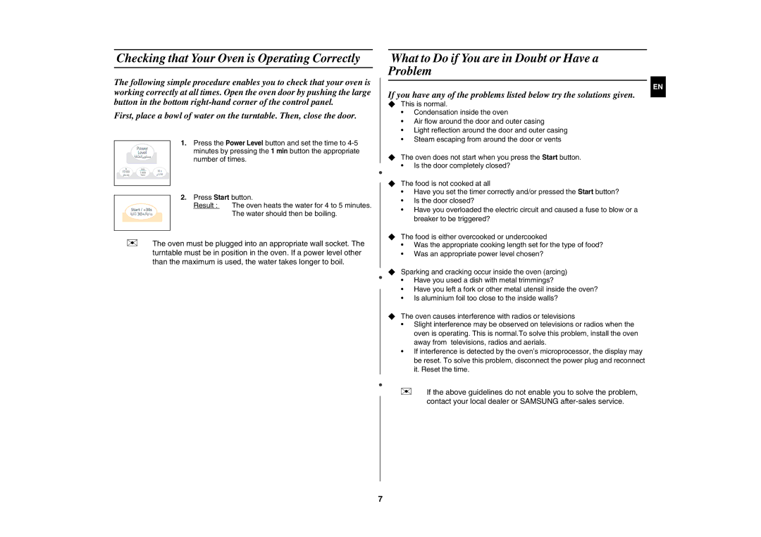 Samsung G273V/ZAM manual Checking that Your Oven is Operating Correctly, What to Do if You are in Doubt or Have a Problem 