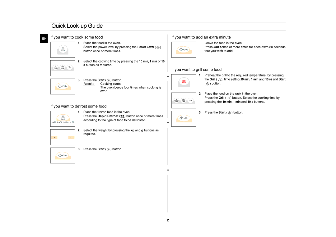 Samsung G273V/FAL manual Quick Look-up Guide, EN If you want to cook some food 