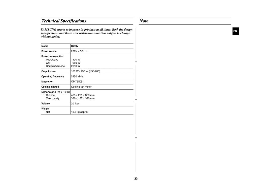 Samsung G273V/FAL manual Technical Specifications 