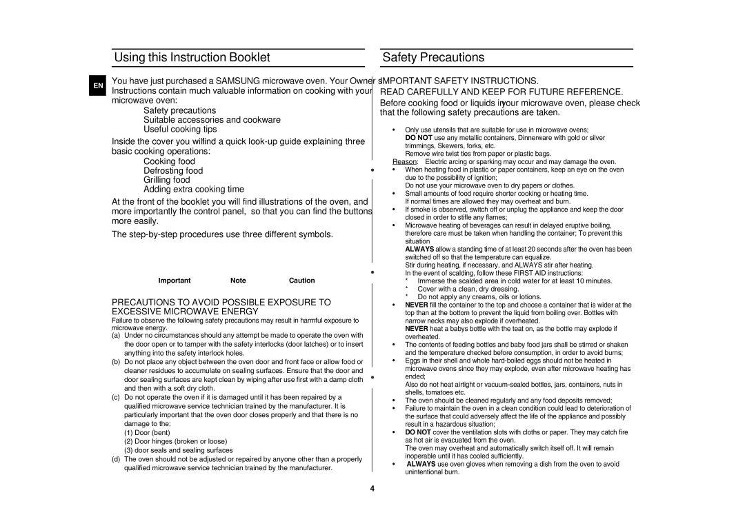 Samsung G273V/FAL manual Using this Instruction Booklet, Safety Precautions, Important NoteCaution 