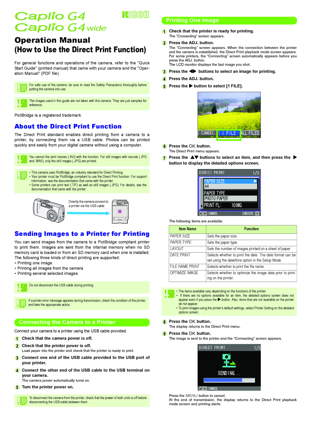 Samsung G4 operation manual About the Direct Print Function, Sending Images to a Printer for Printing, Printing One Image 