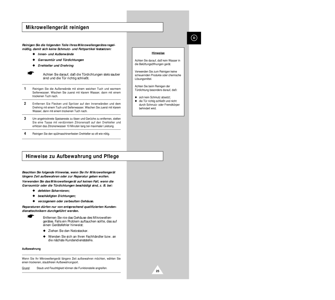 Samsung G633C-1(SSW) manual Mikrowellengerät reinigen, Hinweise zu Aufbewahrung und Pflege 