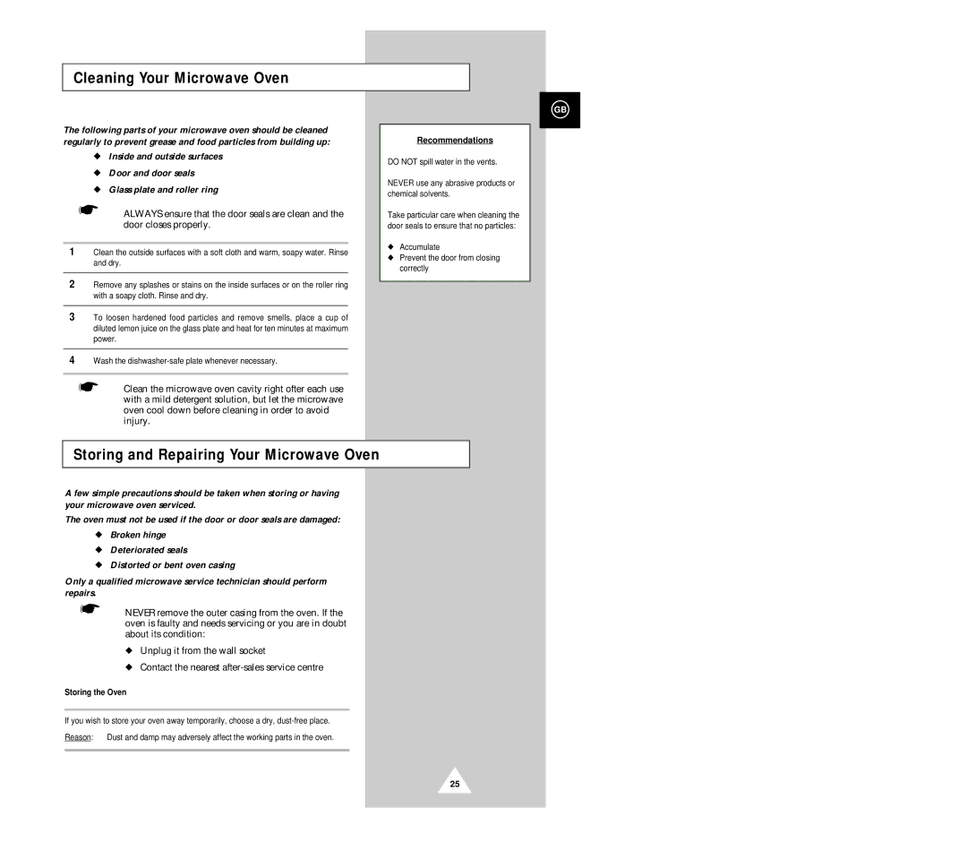 Samsung G633C-1(SSW) manual Cleaning Your Microwave Oven, Storing and Repairing Your Microwave Oven, Recommendations 