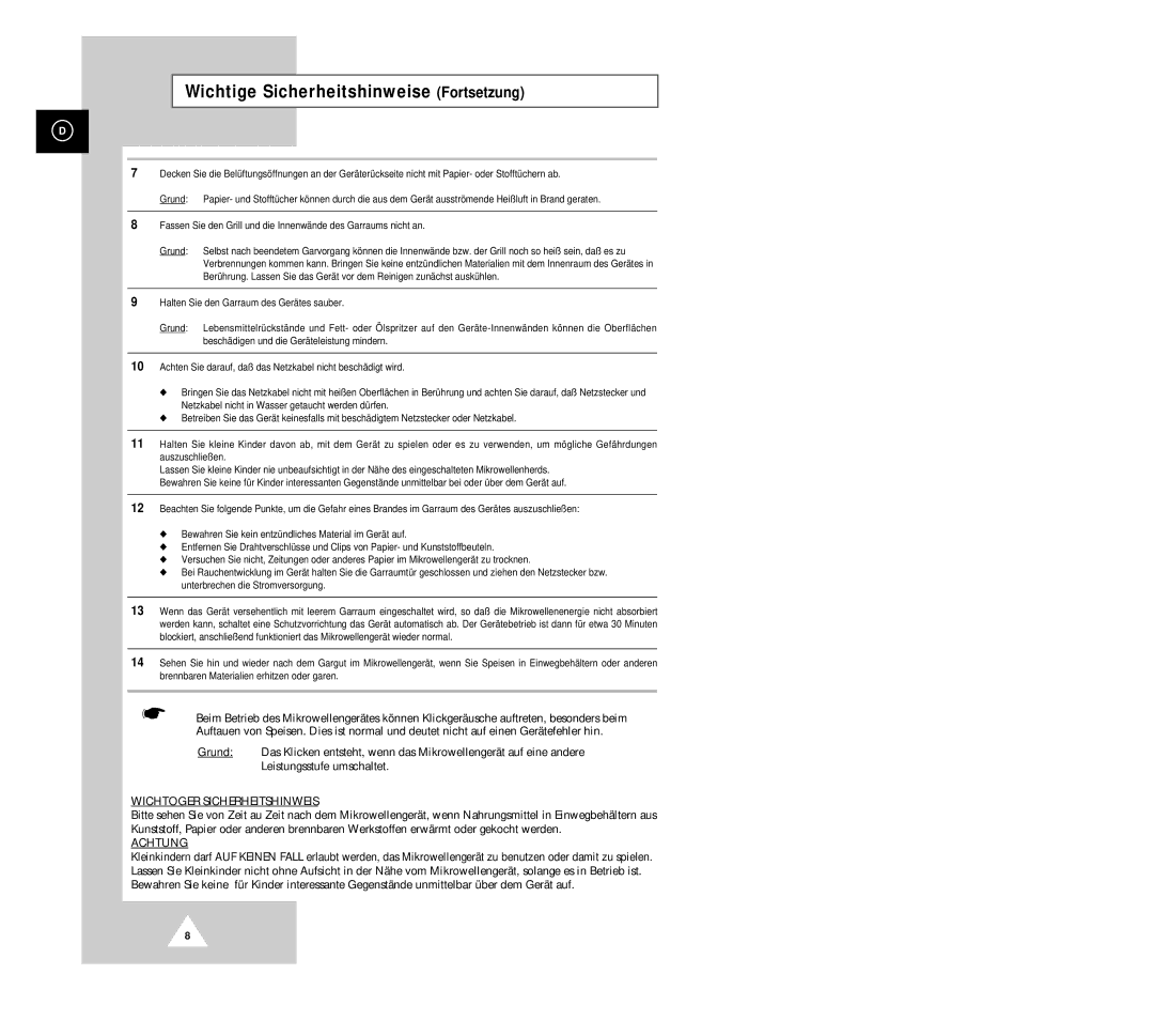 Samsung G633C-1(SSW) manual Wichtige Sicherheitshinweise Fortsetzung, Wichtoger Sicherheitshinweis 