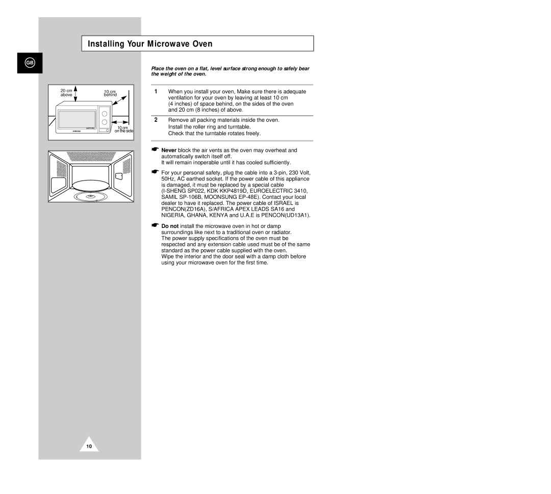 Samsung G633C/NSI, G633C(SKW), G633C(SDRW), G633C(SCAW) manual Installing Your Microwave Oven 