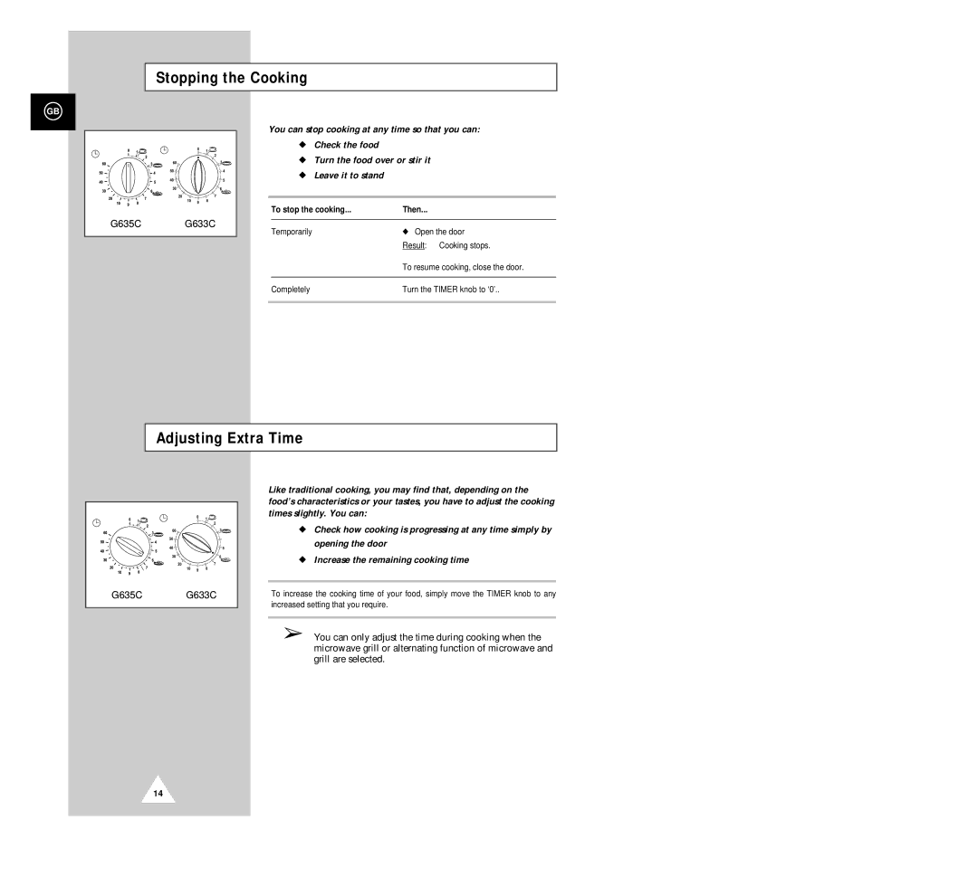 Samsung G633C/NSI, G633C(SKW), G633C(SDRW), G633C(SCAW) Stopping the Cooking, Adjusting Extra Time, To stop the cooking Then 