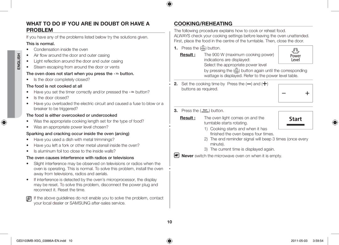 Samsung GE0103MB/FAL manual What to do if you are in doubt or have a problem, Cooking/reheating 