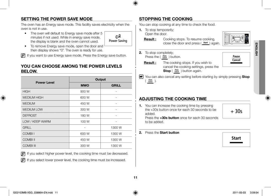 Samsung GE0103MB/FAL manual Setting The power save mode, You can choose among the power levels below, Stopping the cooking 