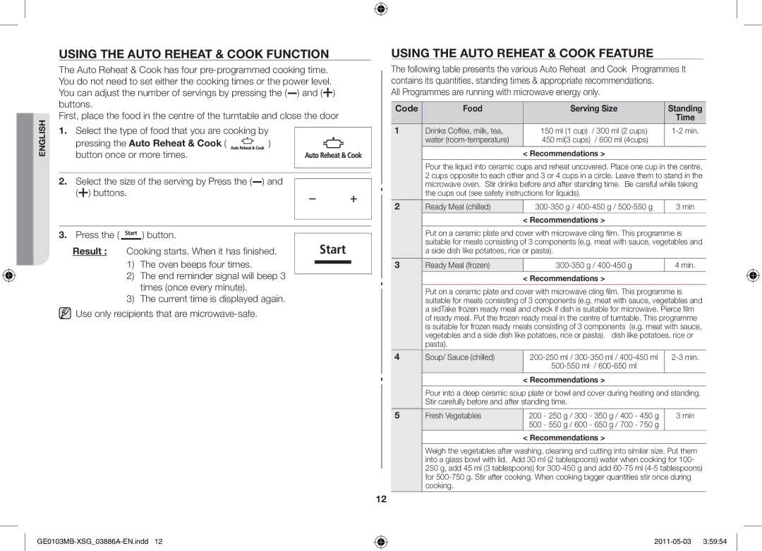 Samsung GE0103MB/FAL manual Using the auto reheat & Cook function, Using the Auto Reheat & Cook feature 