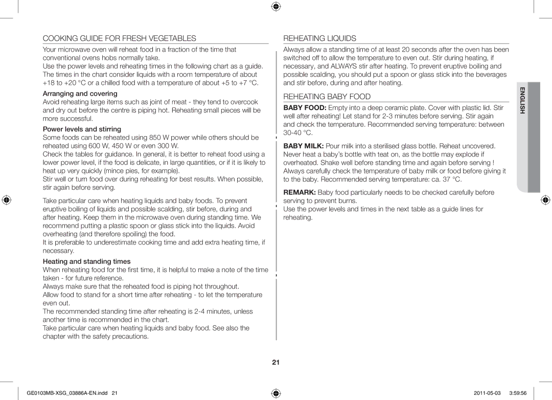 Samsung GE0103MB/FAL manual Cooking Guide for Fresh Vegetables, Reheating Liquids, Reheating Baby Food 