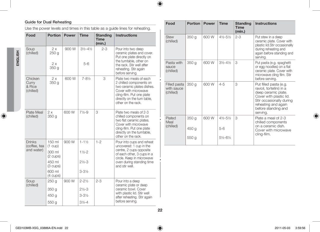 Samsung GE0103MB/FAL manual Guide for Dual Reheating 