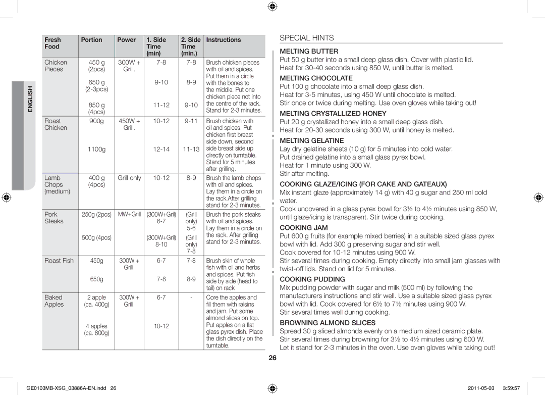 Samsung GE0103MB/FAL manual Special Hints, Stir several times well during cooking 