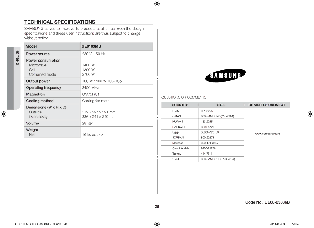 Samsung GE0103MB/FAL manual Technical specifications, Code No. DE68-03886B, Model GE0103MB, OM75P31 