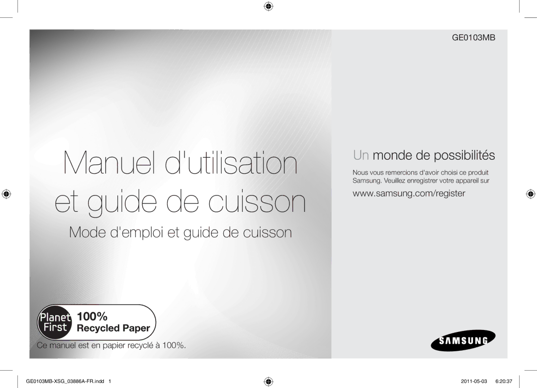 Samsung GE0103MB/FAL manual Manuel dutilisation et guide de cuisson 