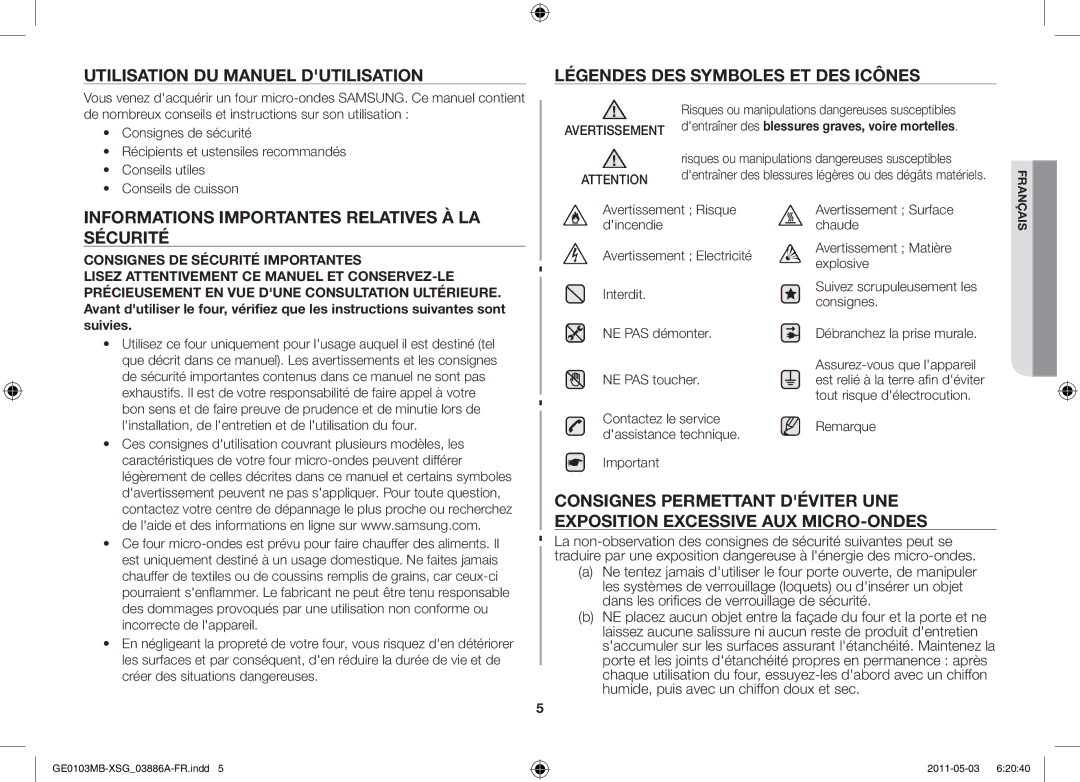 Samsung GE0103MB/FAL manual Utilisation du manuel dutilisation, Légendes des symboles et des icônes 