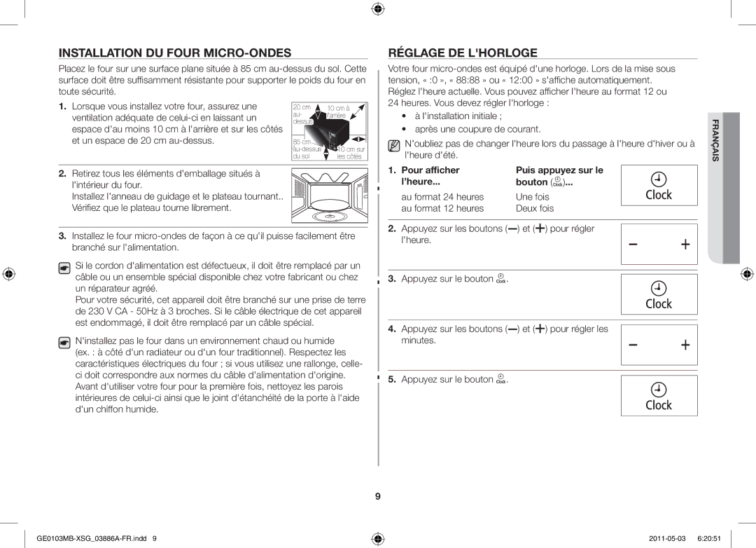 Samsung GE0103MB/FAL manual Installation du four micro-ondes, Réglage de lhorloge, Pour régler Lheure 