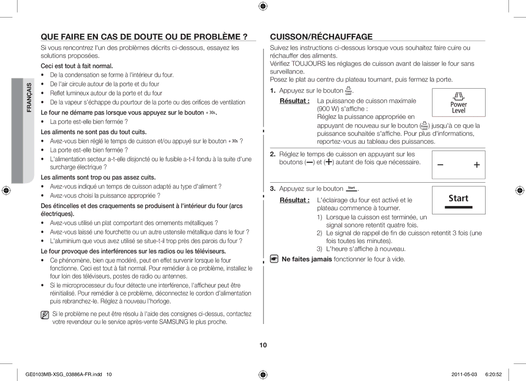 Samsung GE0103MB/FAL manual Que faire en cas de doute ou de problème ?, Cuisson/Réchauffage 