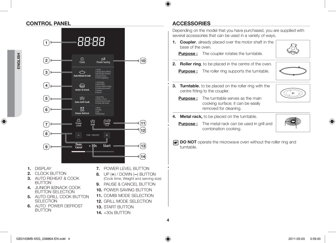 Samsung GE0103MB/FAL manual Control panel Accessories, UP / Down Button, 14. +30s Button 