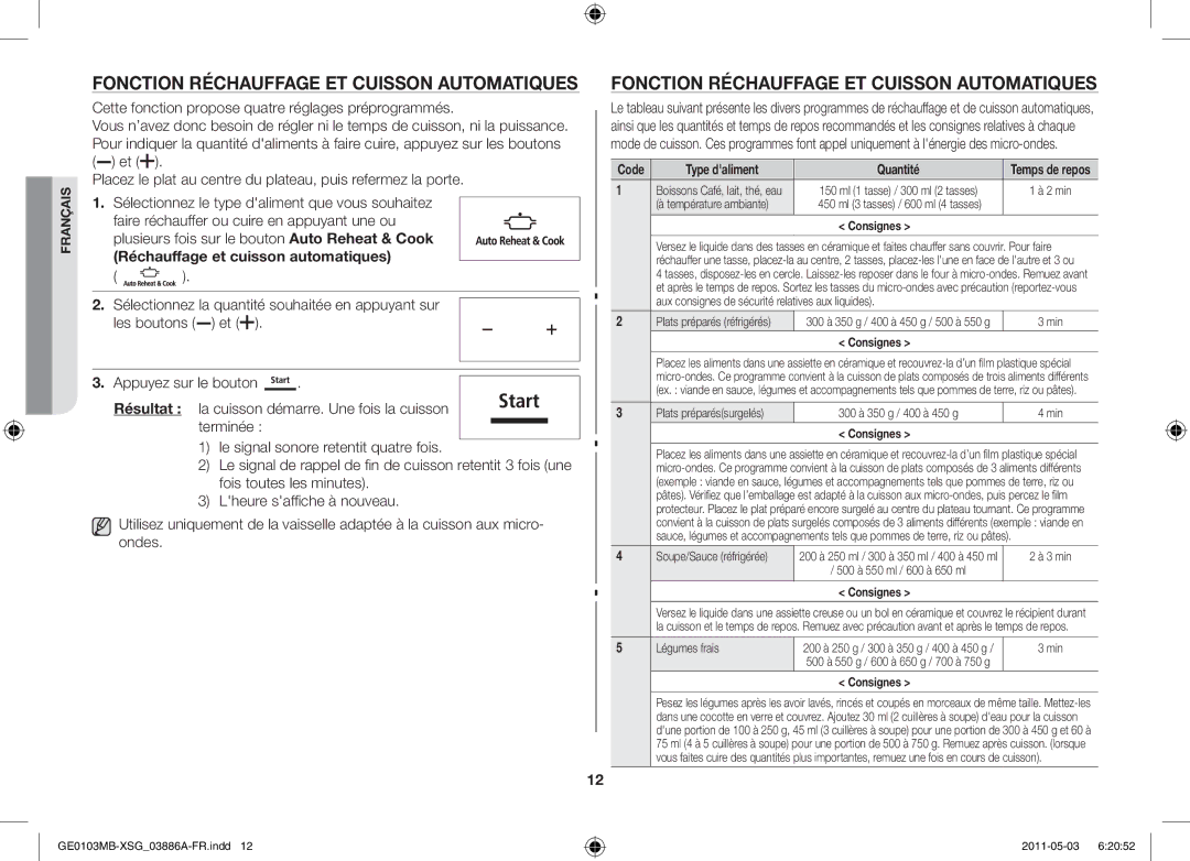 Samsung GE0103MB/FAL manual Fonction Réchauffage et cuisson automatiques, Type daliment Quantité 