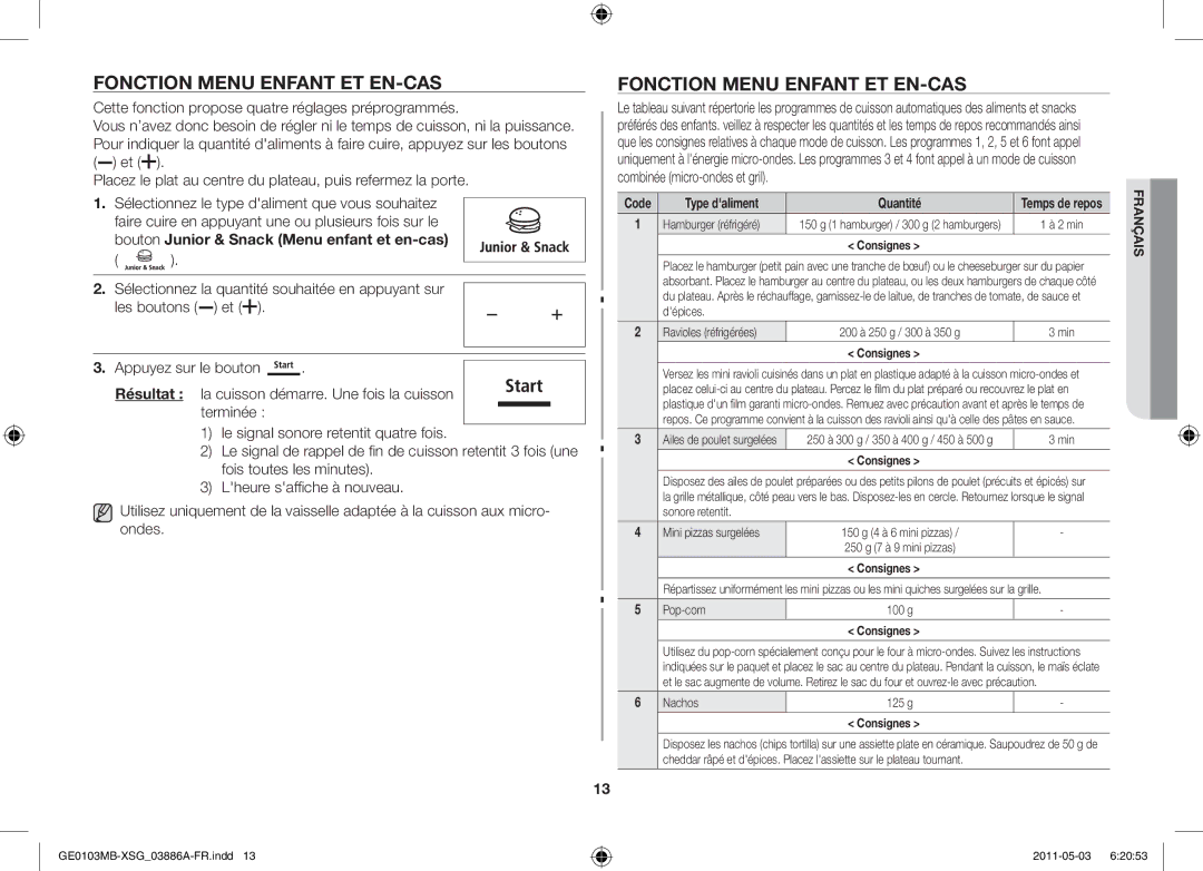 Samsung GE0103MB/FAL manual Fonction Menu enfant et en-cas, Type daliment 