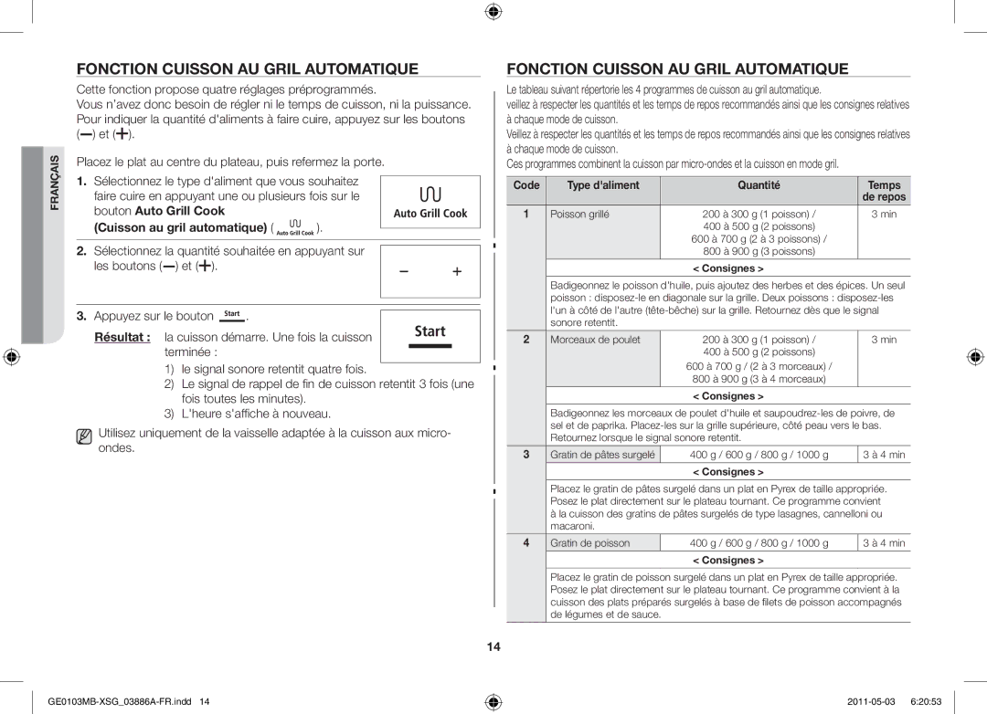 Samsung GE0103MB/FAL manual Fonction Cuisson au gril automatique, Code Type daliment Quantité Temps 