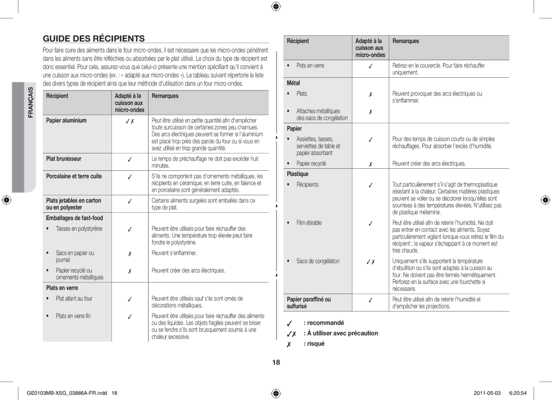 Samsung GE0103MB/FAL manual Guide des récipients 