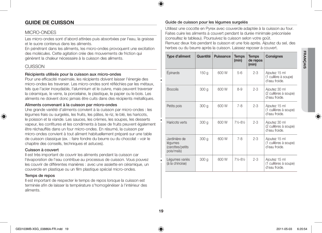 Samsung GE0103MB/FAL manual Guide de cuisson, Micro-Ondes, Cuisson 