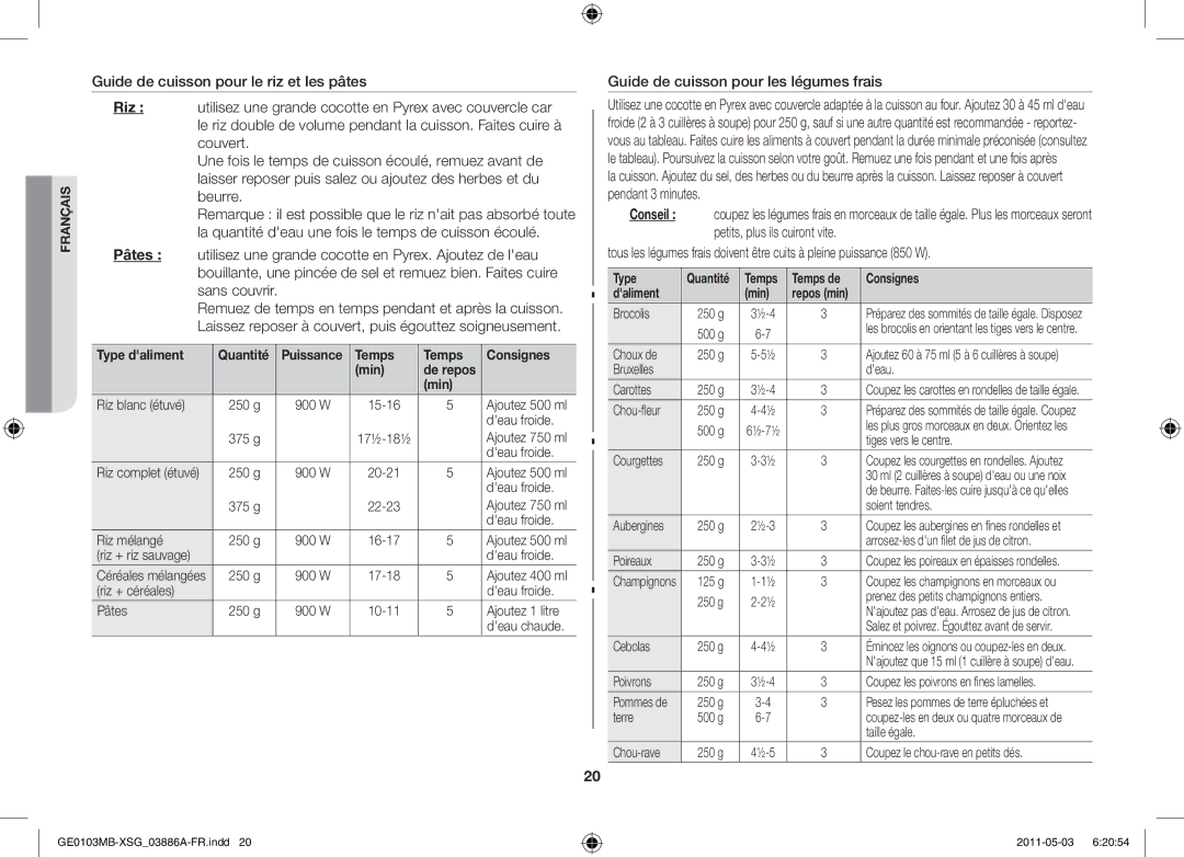 Samsung GE0103MB/FAL manual Guide de cuisson pour les légumes frais, Type, Temps de Consignes Daliment Min 