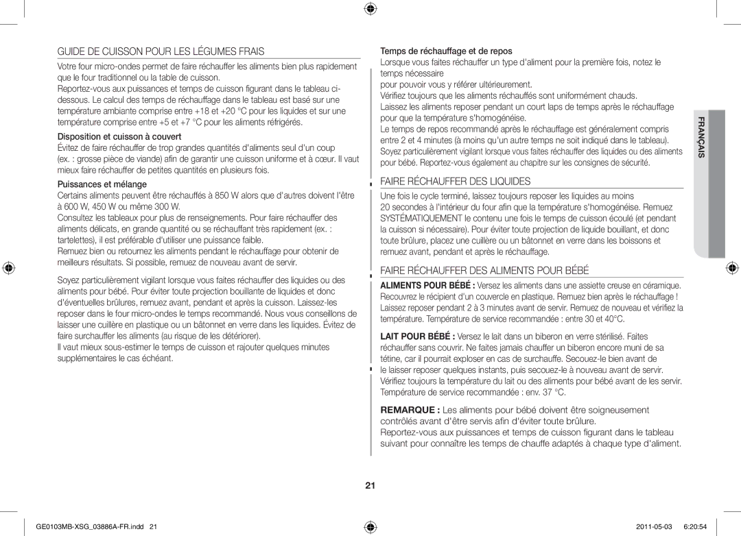 Samsung GE0103MB/FAL manual Guide DE Cuisson Pour LES Légumes Frais, Faire Réchauffer DES Liquides 