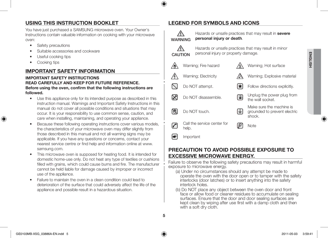 Samsung GE0103MB/FAL manual Using this instruction booklet, Important Safety Information 