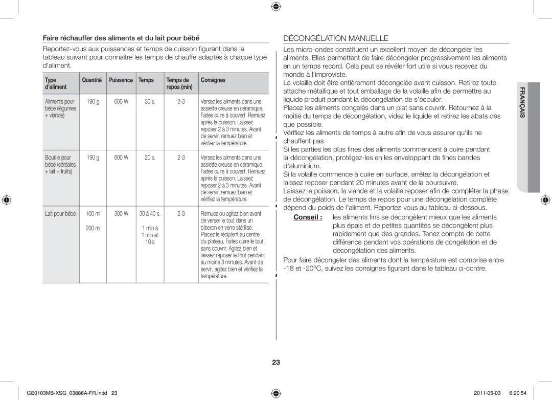 Samsung GE0103MB/FAL manual Décongélation Manuelle, Temps Temps de Consignes Daliment, + viande, Température 