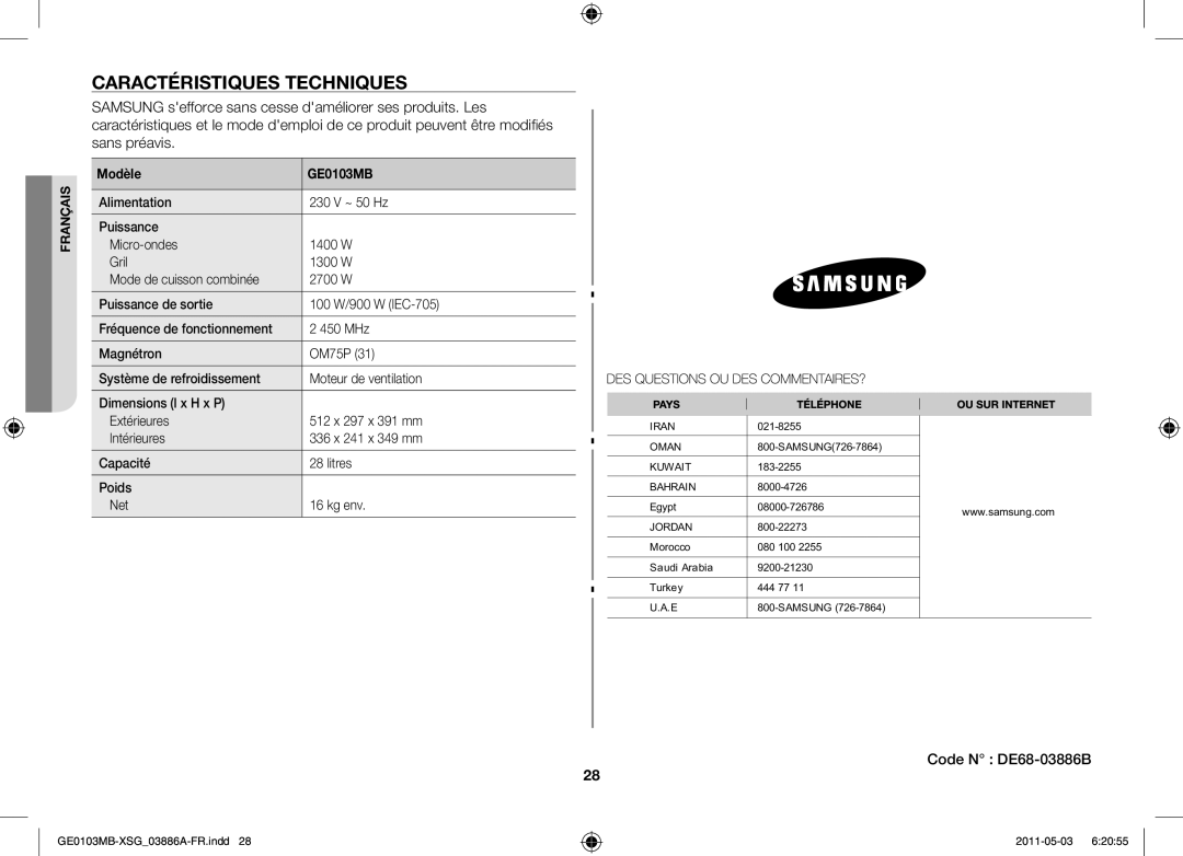 Samsung GE0103MB/FAL manual Caractéristiques techniques, Code N DE68-03886B, Modèle GE0103MB 