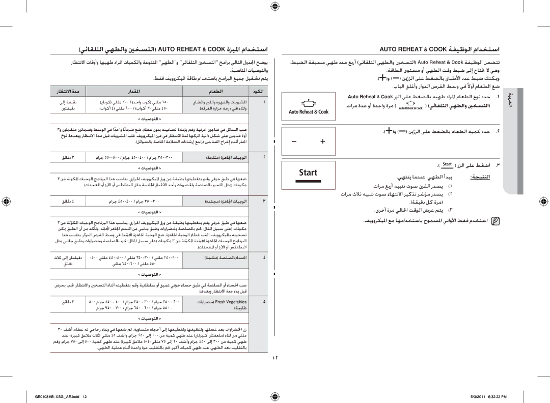 Samsung GE0103MB/FAL manual Auto Reheat & Cook ةفيظولا مادختسا, يئاقلتلا يهطلاو ينخستلا Auto Reheat & Cook ةزيلما مادختسا 