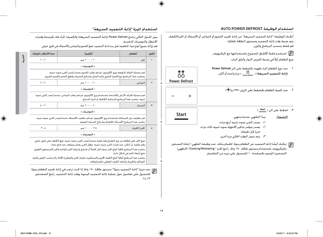 Samsung GE0103MB/FAL manual ةعيرسلا ديمجتلا ةباذإ ةزيلما مادختسا, Auto Power Defrost ةفيظولا مادختسا 